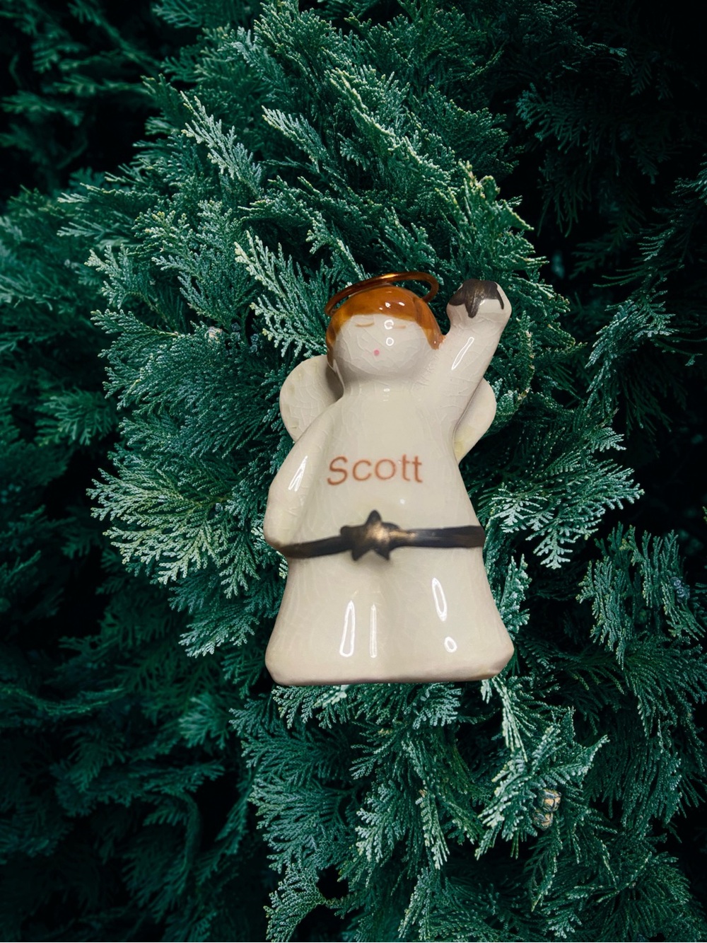 Personalized White Angel Ornament with Brown Accents - Scott
